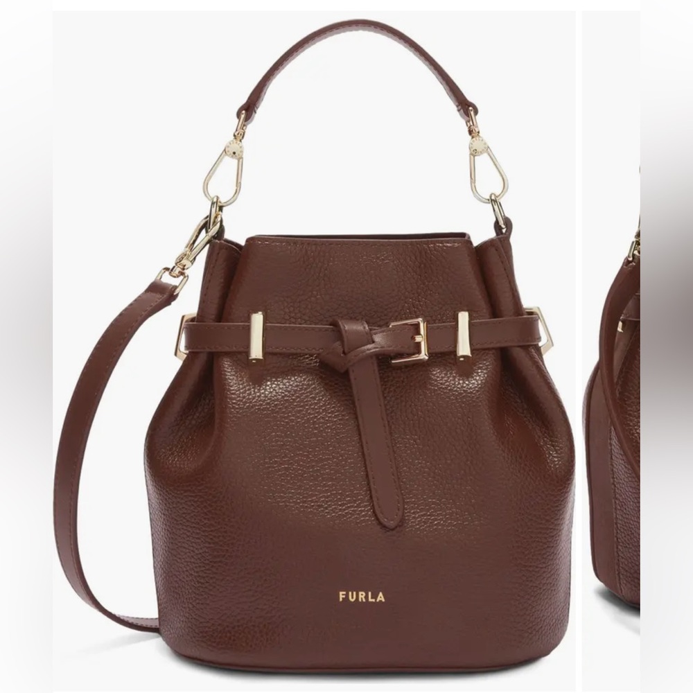 EUC Furla Aura Mini Belted Chocolate Leather & Suede Bucket Bag